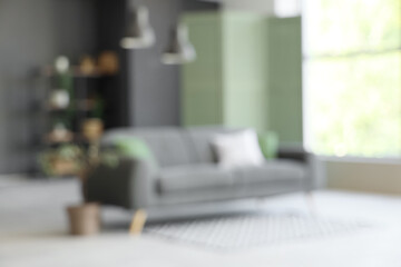Comfortable sofa, carpet and hanging lamps in living room. Blurred view