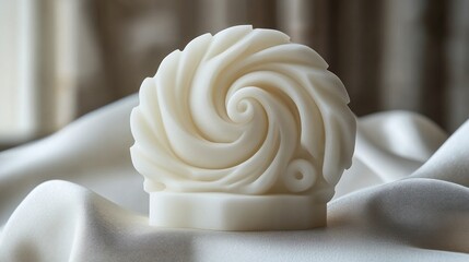 White swirl shaped soap on white fabric.