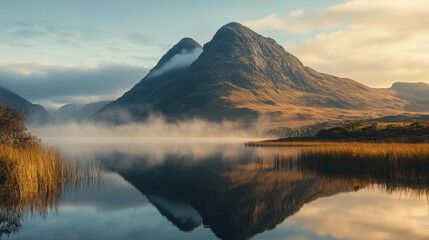 Buachaille etive mor reflecting in loch achtriochtan with morning mist at sunrise
