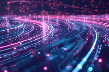 Futuristic geometric background with neon HUD elements for big data visualization.