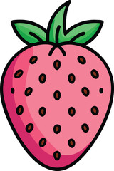 Obraz premium Strawberry Illustration with Green Leaves, Simple, vibrant illustration of a strawberry with seeds and green leaves, symbolizing freshness and sweetness in a minimalist style.