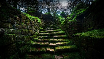 Ruinas de una antigua ciudad defensivacon escalones de piedra cubiertos de musgo; excavaciones arqueol&oacute;gicas.