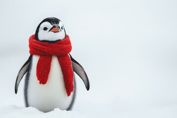 Fototapeta premium A minimal Christmas scene with a single, cheerful penguin wearing a tiny red scarf, standing against a plain snowy white background. 