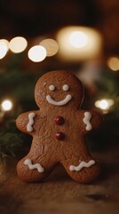 Gingerbread man smiling on wooden table with christmas lights