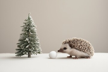 A minimalist holiday scene featuring a hedgehog rolling a snowball beside a tiny Christmas tree on a neutral background. 
