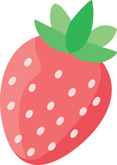 Strawberry Illustration with Green Leaves, Simple, vibrant illustration of a strawberry with seeds and green leaves, symbolizing freshness and sweetness in a minimalist style.