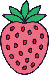 Obraz premium Strawberry Illustration with Green Leaves, Simple, vibrant illustration of a strawberry with seeds and green leaves, symbolizing freshness and sweetness in a minimalist style.