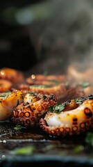 Sizzling grilled octopus tentacles with fresh parsley on hot surface