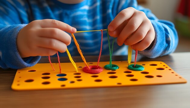 A child's hands manipulating colorful buttons and strings on a bright playboard, promoting creativity and fine motor skills.