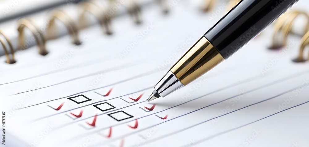 Poster a close-up of a pen marking a checklist in a notebook, symbolizing productivity and task completion.