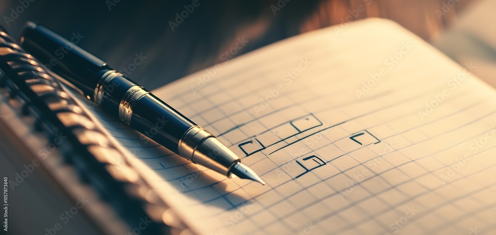 Poster a close-up of a pen resting on a notebook with a checklist, symbolizing productivity and organizatio