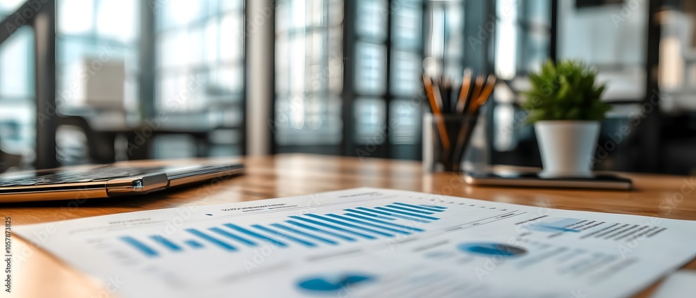 Poster A close-up view of a business report with graphs on a desk, showcasing data analysis and a modern office environment.
