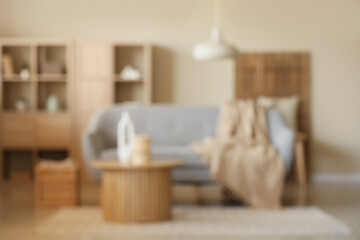 Comfortable sofa with plaid and coffee table with decor in living room. Blurred view