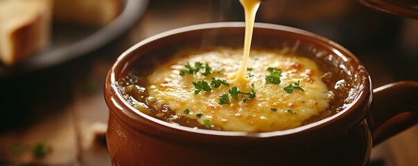 Delicious french onion soup with melted cheese and parsley