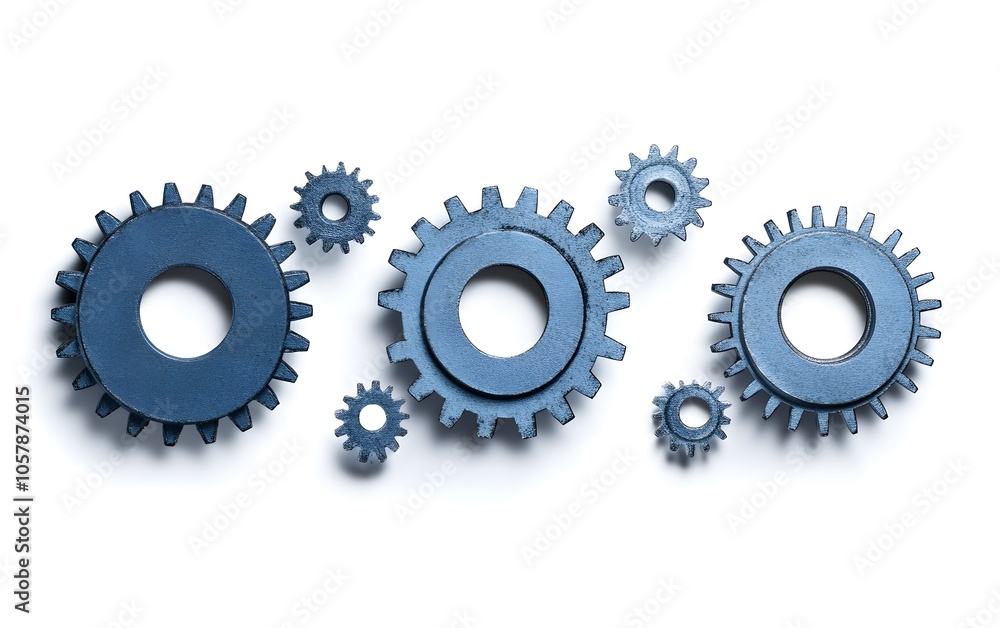 Poster a collection of blue gears arranged in various sizes on a white background, symbolizing mechanics an