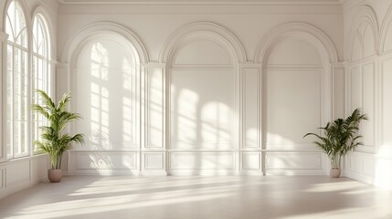 Classic white room with archways and potted plants illuminated by sunlight
