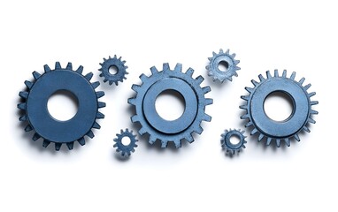 A collection of blue gears arranged in various sizes on a white background, symbolizing mechanics and engineering.