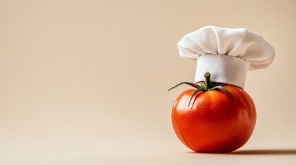 Ripe tomato wearing chef hat: culinary concept
