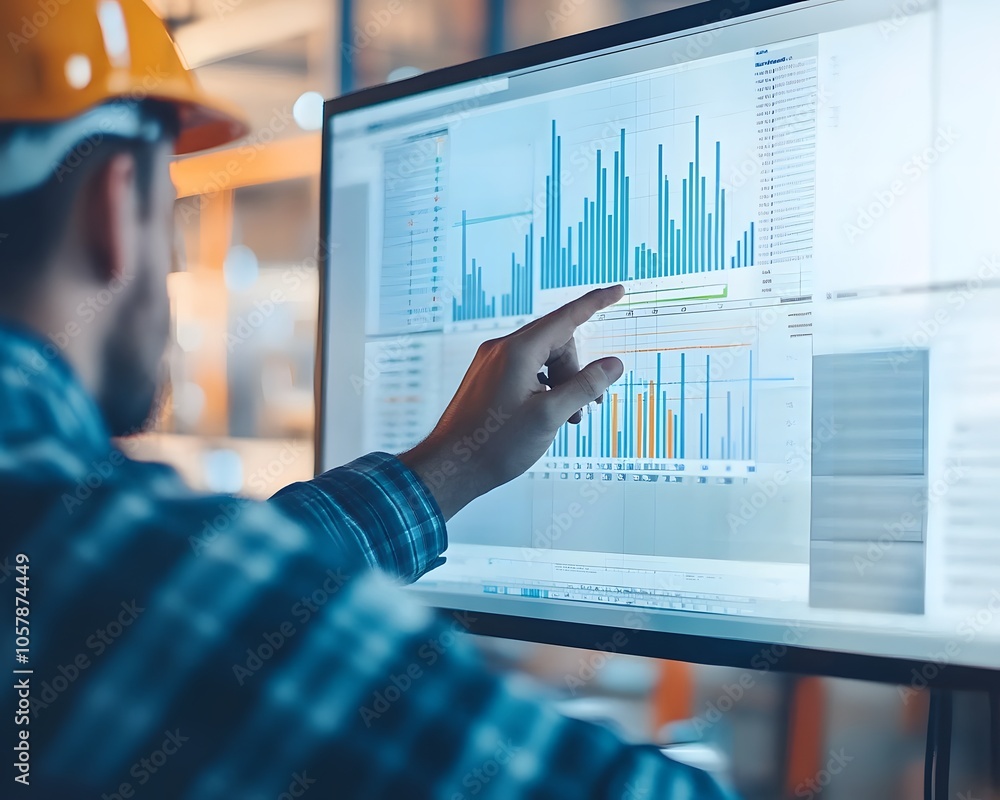Aufkleber a construction worker analyzes data on a large screen, showcasing graphs and charts in a modern offi