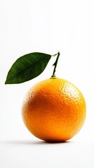 Ripe orange fruit with green leaf on white background