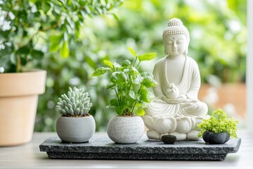 Zen-inspired indoor garden featuring a serene Buddha statue and lush plants in calming surroundings
