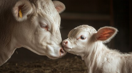 Fototapeta premium Mother cow and calf bonding in a cozy barn - heartwarming livestock farm moment captured in detail