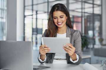 Business, woman and happy with tablet in office for finance report, budget profit and positive feedback. Accountant, professional employee and smile with digital app for financial review and growth