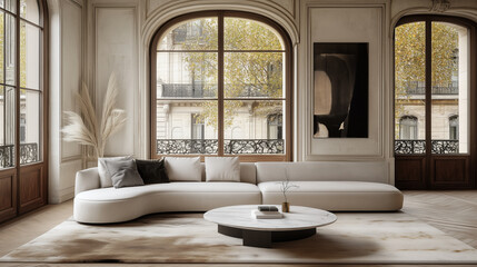 Fototapeta premium Minimalist interior design of modern living room with classic French windows and elegant decor 