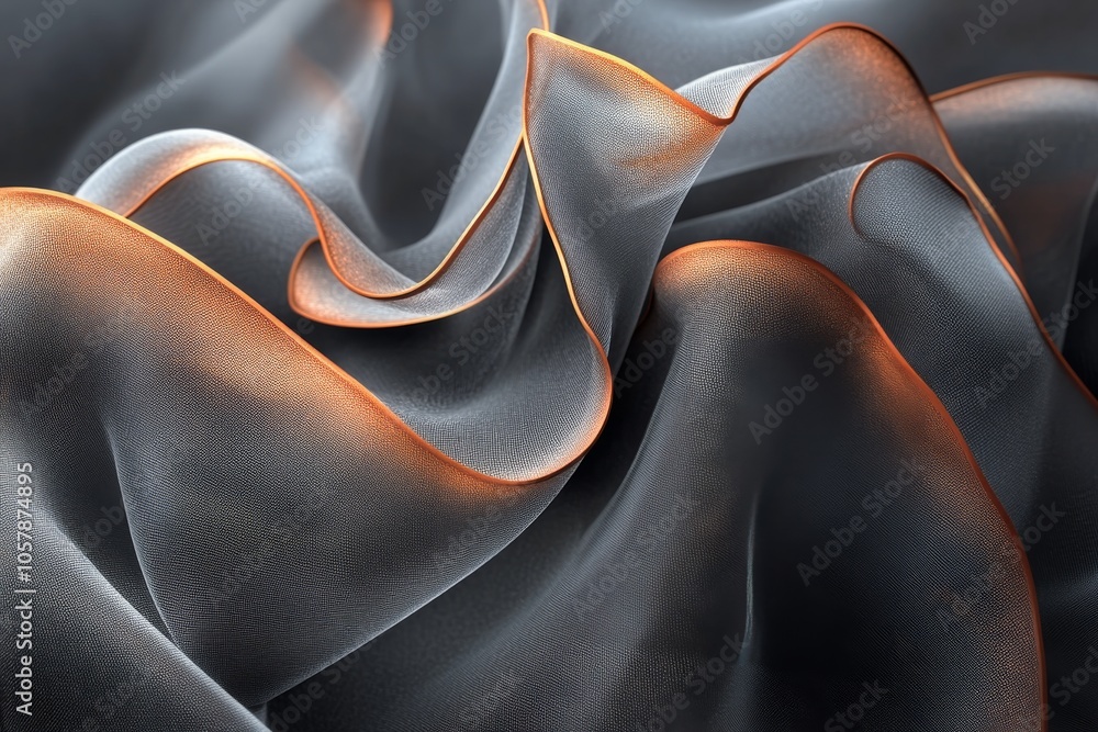 Poster flowing fabric waves in shades of gray and orange create a dynamic abstract composition