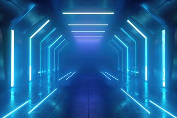 Fototapeta premium Dark background with lines and spotlights neon light night view. Abstract blue background.