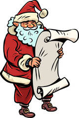 Wishlists for New Year and Christmas. Company announcements in winter. Santa Claus looks at the list of gifts.