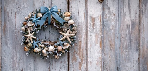 A coastal-inspired Christmas wreath made of driftwood, decorated with sea stars, shells, and blue ribbon, hanging on a sun-bleached wooden door.