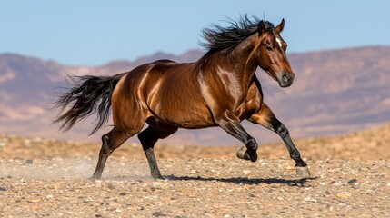 Obraz premium Majestic Wild Stallion Galloping Across Desert Landscape, Exuding Power and Freedom - Ultra-Detailed Livestock Farm Scene