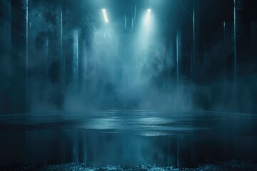 Dark urban scene with neon lights and reflections in water.