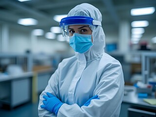 Woman lab assistant wearing full personal protective equipment in a laboratory, face mask, face shield, white full body suit and glove