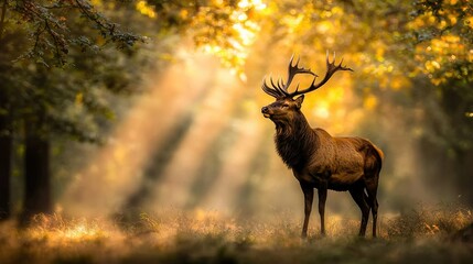 Obraz premium A deer stands in a forest, surrounded by trees, with sunlight filtering through the leaves and illuminating its antlers