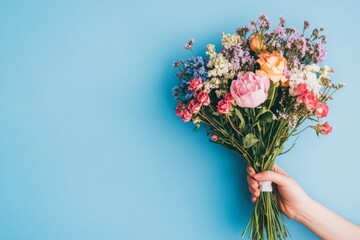 close-up of a hand holding a bouquet of flowers on a blue background