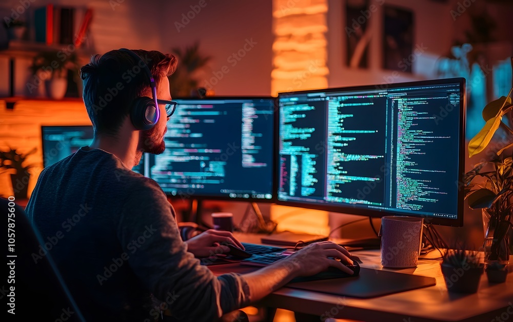Poster a focused programmer working late at night on dual monitors, immersed in coding amidst a vibrant and