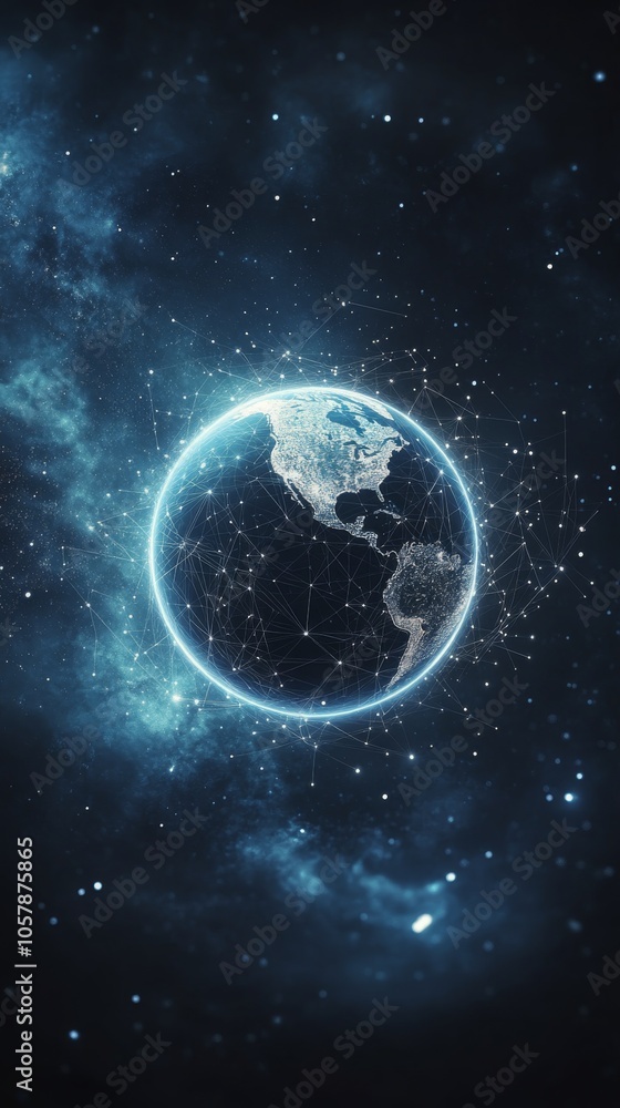 Poster a digital representation of earth with interconnected networks and glowing nodes at night