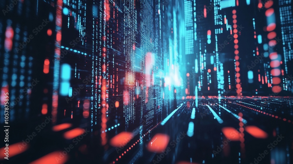 Poster futuristic digital data flow with red and blue lights in a virtual space