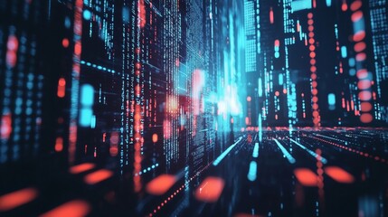 Obraz premium Futuristic digital data flow with red and blue lights in a virtual space