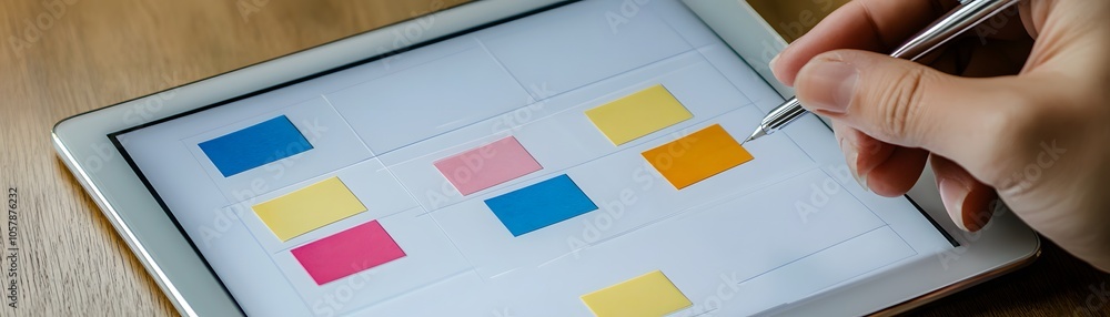 Poster a hand using a stylus on a tablet, organizing colorful sticky notes for effective brainstorming and 