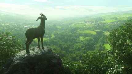 Fototapeta premium Majestic Goat Overlooking Lush Valley - Adventure and Exploration in Livestock Life