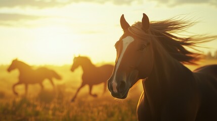 Obraz premium Majestic Sunset on Livestock Farm: Horses Running Free in the Golden Light