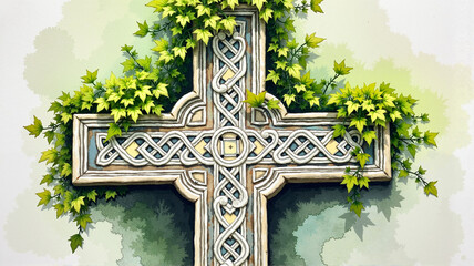 Intricately Carved Celtic Cross with Natural Foliage in Watercolor for Saint Patrick's Day
