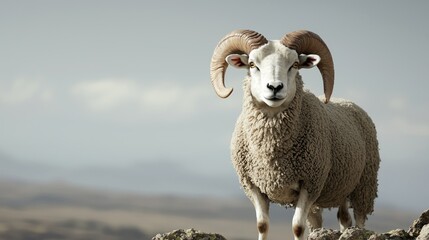Naklejka premium Majestic Ram: Fierce Livestock Portrait in Rugged Landscape