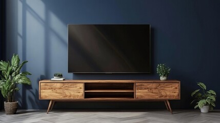 A modern mockup of a television mounted on a dark blue wall in a living room setting. Below, a sleek wooden cabinet adds warmth to the minimalist design. 