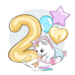 Vector illustration of golden number two with cute little unicorn and balloons isolated on white background. For kids parties, stickers, print, cards