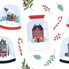Seamless pattern of snowy Christmas balls. Snow globes with snowmen and houses, lollipops and twigs in flat style on white background. Christmas and New Year decoration, wrapping paper, packaging