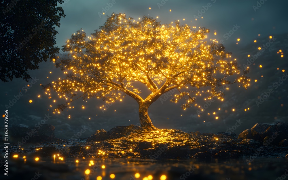 Poster a magical tree illuminated with glowing lights, set against a mysterious twilight backdrop, creating